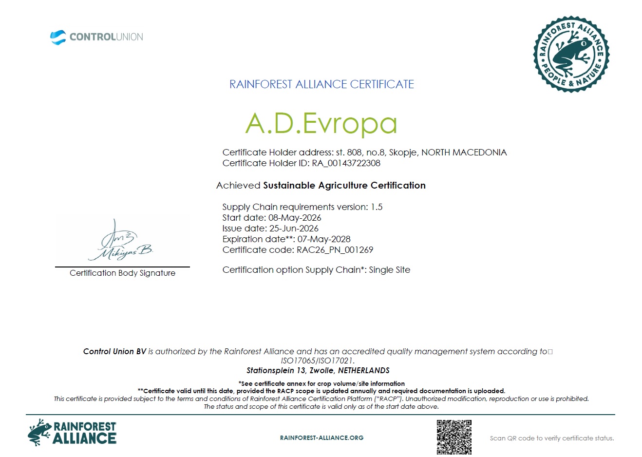 Rainforest certificate